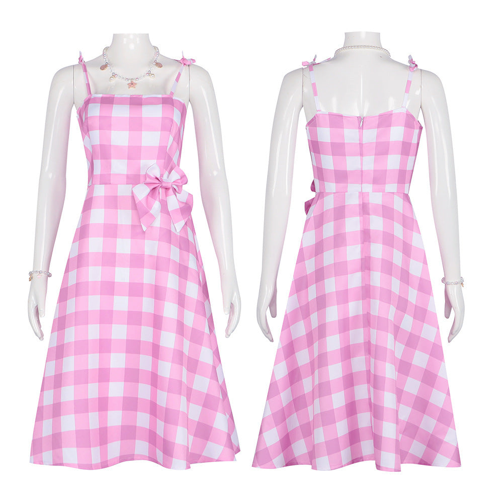 Dreamhouse Barbie Doll Costume – Pink Gingham Role-Play Dress with Bow-Intimate Roleplay Outfits-StylinArts