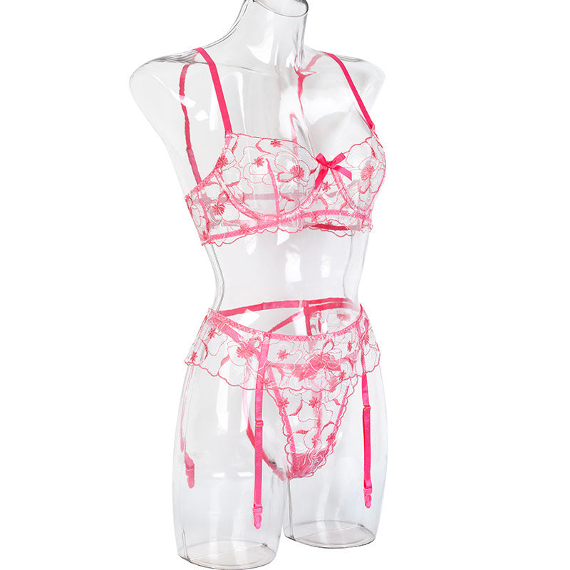 Rosavine Embroidered Mesh Lingerie Set-Rose Red-L-Basques-StylinArts