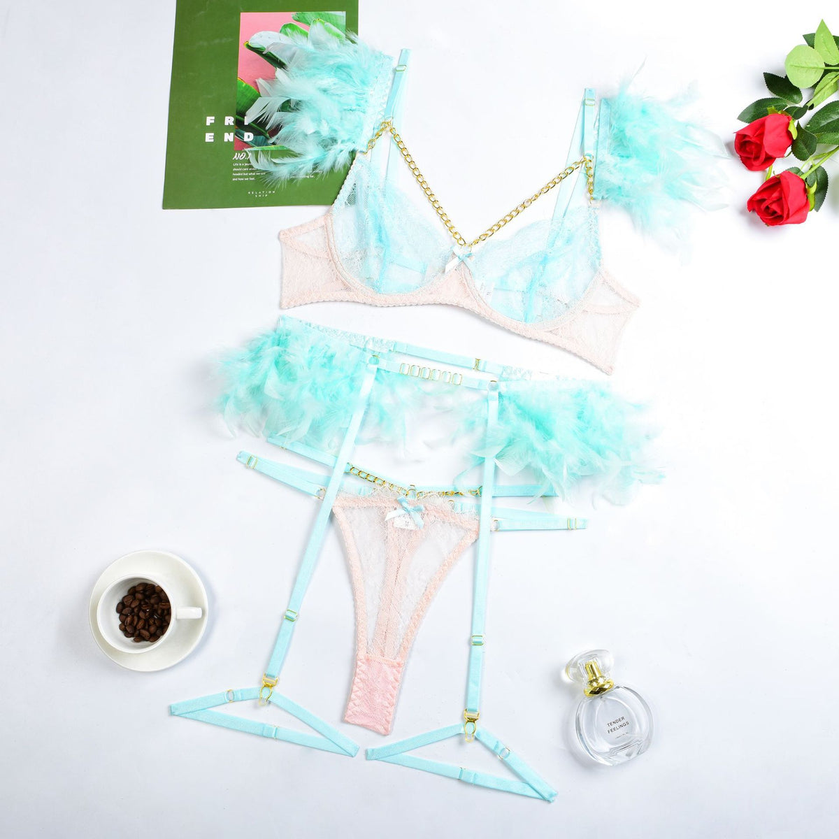 Celestia Feather & Chain Lingerie Set-Twilight Blossom-L-Basques-StylinArts