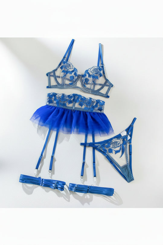 Nocturna Embroidered Tulle Garter Set-Royal blue-L-Basques-StylinArts