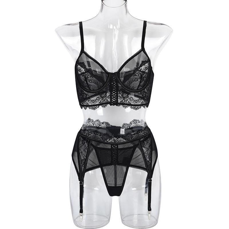 Noir Lace Mesh Garter Set-Black-L-Basques-StylinArts