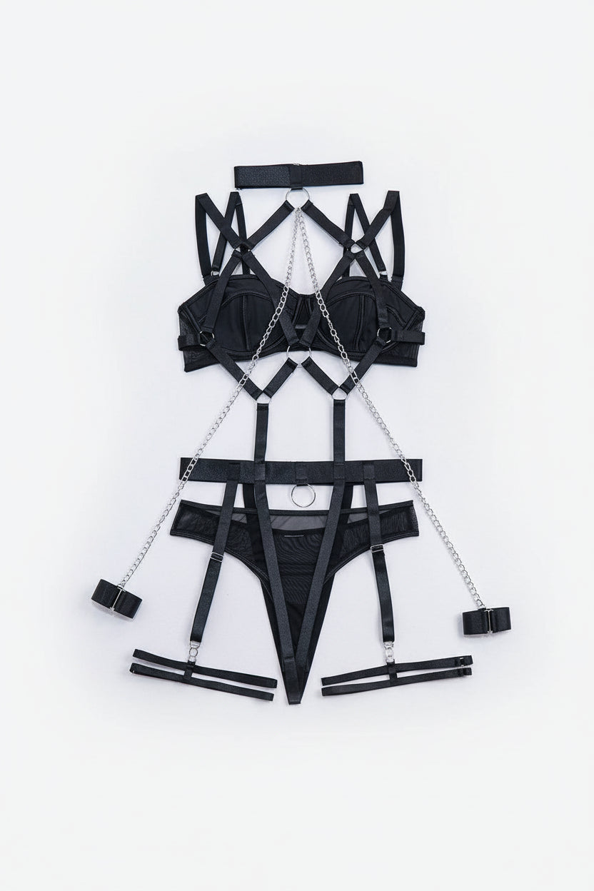 Scarlett Satin Chain Harness Set-Black-L-Basques-StylinArts
