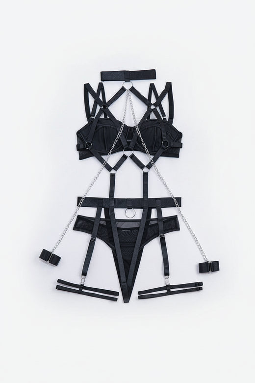 Scarlett Satin Chain Harness Set-Black-L-Basques-StylinArts