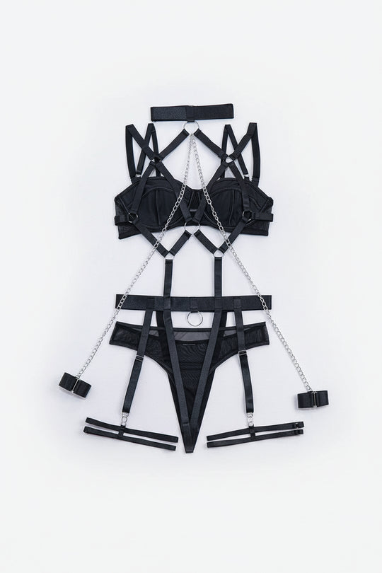 Scarlett Satin Chain Harness Set-Black-L-Basques-StylinArts