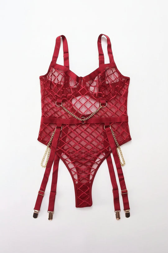 Celestine Lace Harness Garter Set-Burgundy-L-Basques-StylinArts