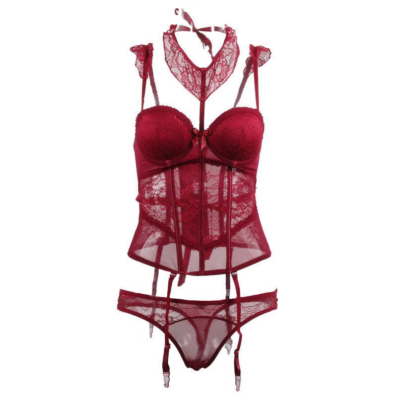 Virelia Chiffon Lace Halter Bustier Set-Red-M-Basques-StylinArts