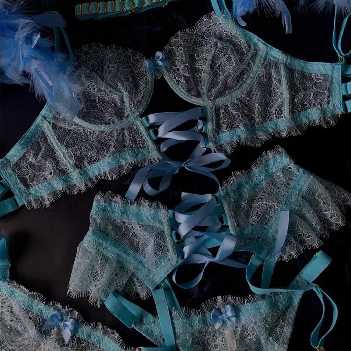 Aureline Feather Lace Garter Set-Blue-L-Basques-StylinArts