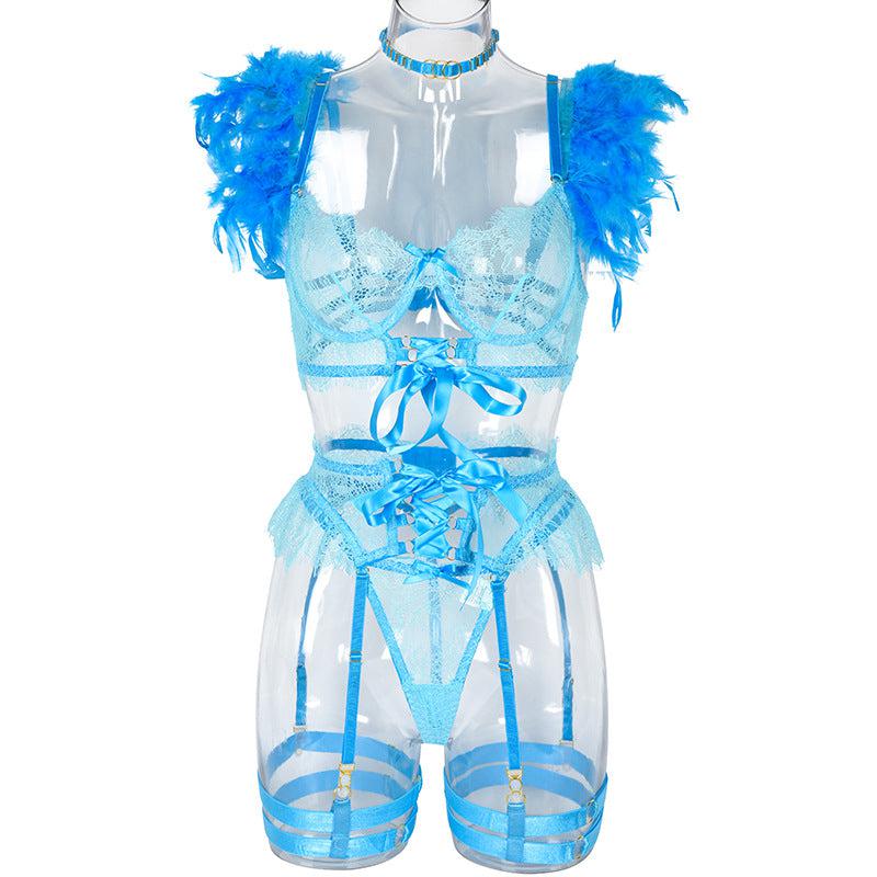 Aureline Feather Lace Garter Set-Blue-L-Basques-StylinArts