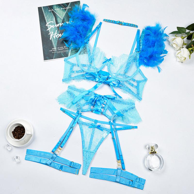 Aureline Feather Lace Garter Set-Blue-L-Basques-StylinArts
