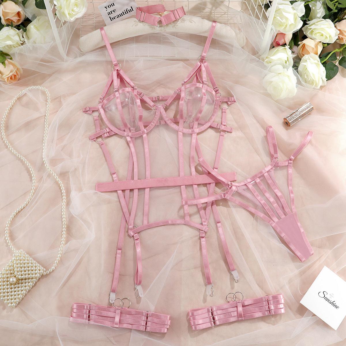 Rosalia Satin Harness Bodysuit-Pink-L-Basques-StylinArts