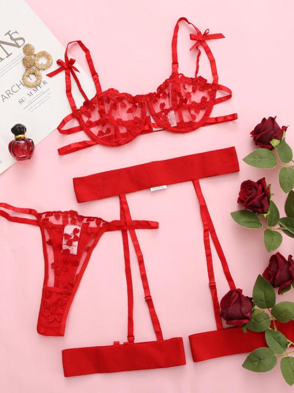 Celestine Embroidered Balconette Garter Set-Red-S-Basques-StylinArts
