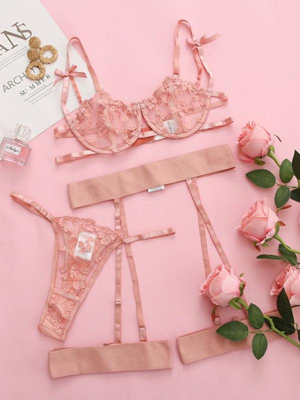 Celestine Embroidered Balconette Garter Set-Pink-S-Basques-StylinArts