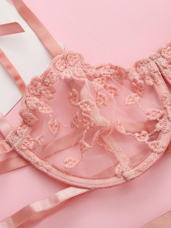 Celestine Embroidered Balconette Garter Set-Red-S-Basques-StylinArts