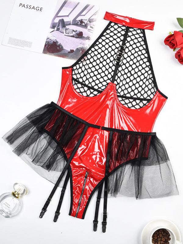 Marcelline Vinyl Tulle Bodysuit-Red-S-Basques-StylinArts