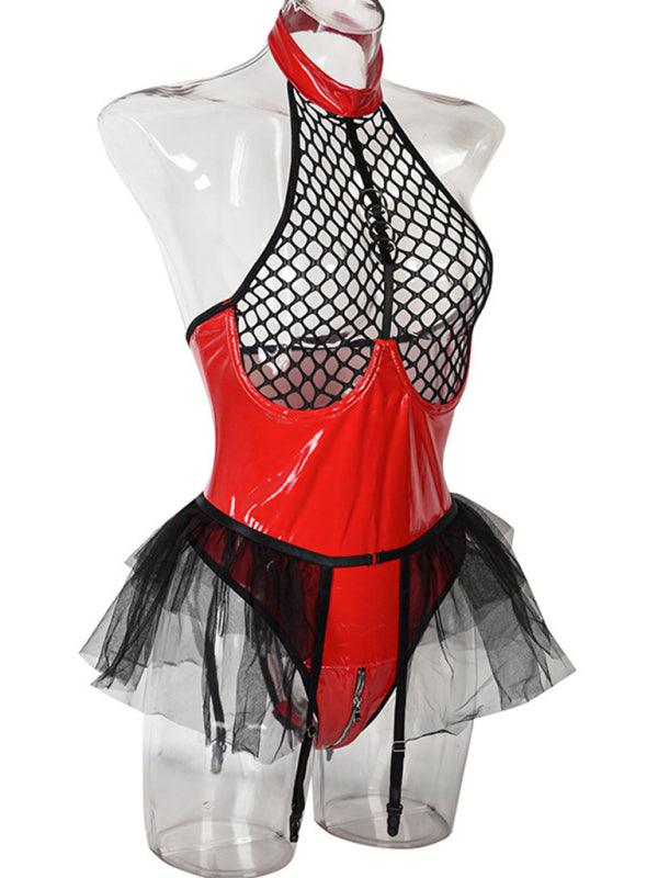 Marcelline Vinyl Tulle Bodysuit-Red-S-Basques-StylinArts