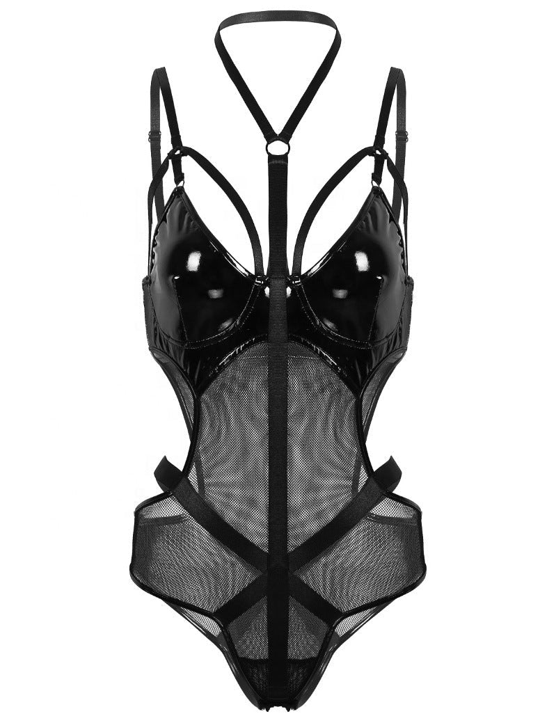 Noctyra Patent & Mesh Harness Bodysuit-Black-2XL-Bodies & Teddies-StylinArts