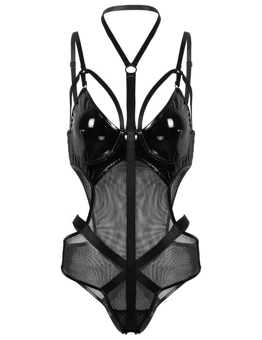 Noctyra Patent & Mesh Harness Bodysuit-Black-2XL-Bodies & Teddies-StylinArts