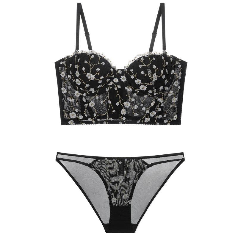 Lunaria Bloom Embroidered Longline Set-Black-L-Bras and Briefs-StylinArts