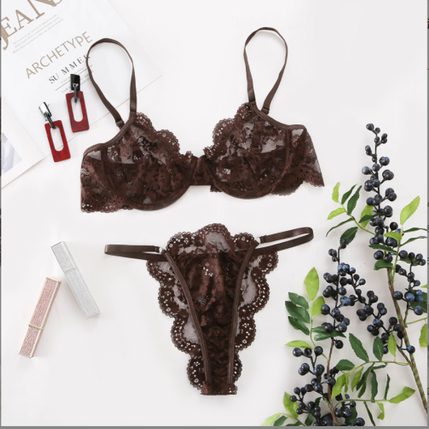 Azrienne Lace Underwire Lingerie Set-Coffee color-L-Bras and Briefs-StylinArts