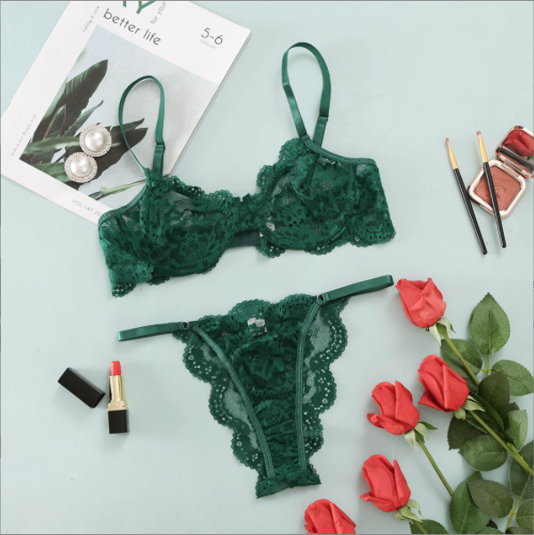 Azrienne Lace Underwire Lingerie Set-Dark green-L-Bras and Briefs-StylinArts