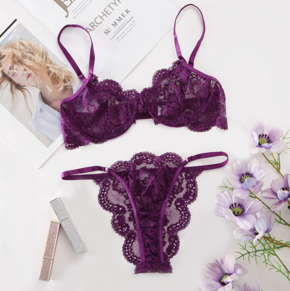 Azrienne Lace Underwire Lingerie Set-Deep purple-L-Bras and Briefs-StylinArts