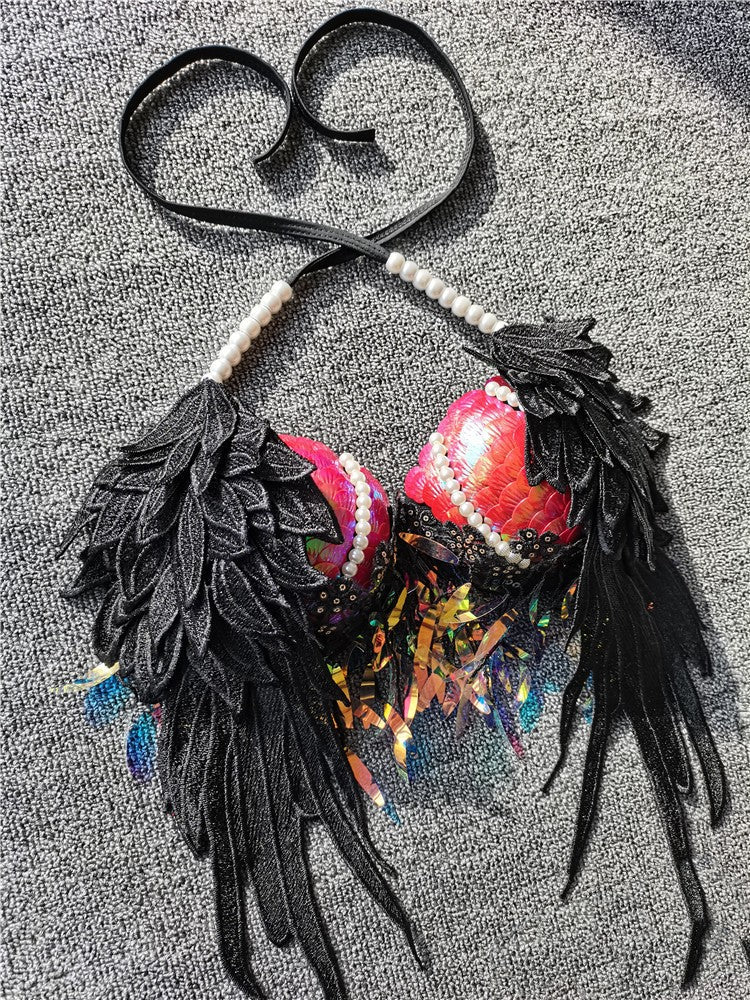 Handmade Sequined Mermaid Scale Lingerie.-Red black-L-Bras and Briefs-StylinArts