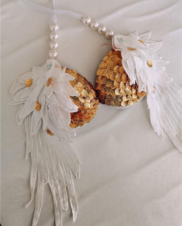 Handmade Sequined Mermaid Scale Lingerie.-Gold2-L-Bras and Briefs-StylinArts