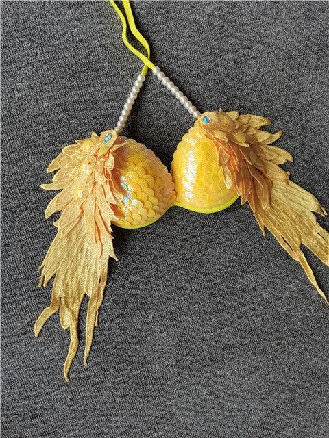 Handmade Sequined Mermaid Scale Lingerie.-Yellow-L-Bras and Briefs-StylinArts