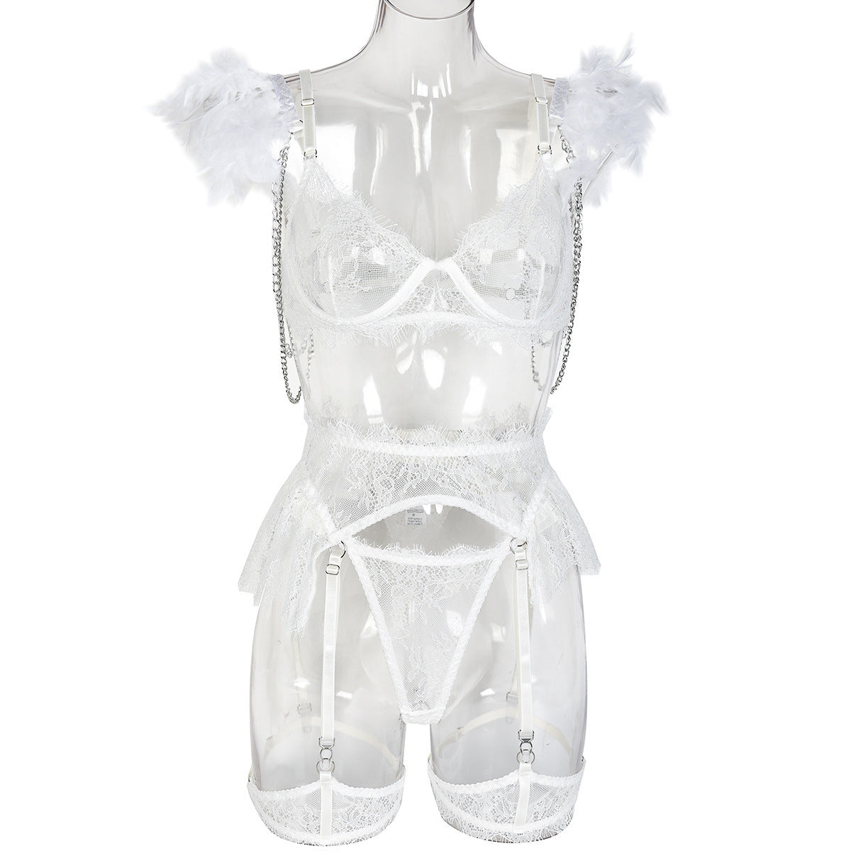 Midnight Soirée Feather Garter Set-White-L-Basques-StylinArts