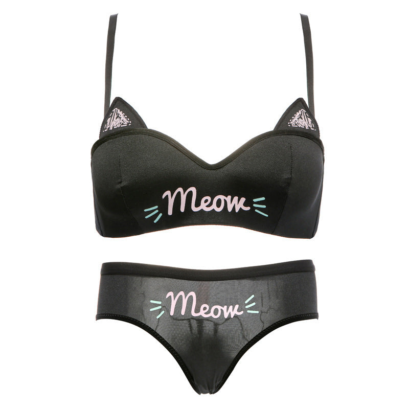 Meow Charm Lively Spandex/Lycra Bra and Panties Set-Black-32AB-Bras and Briefs-StylinArts