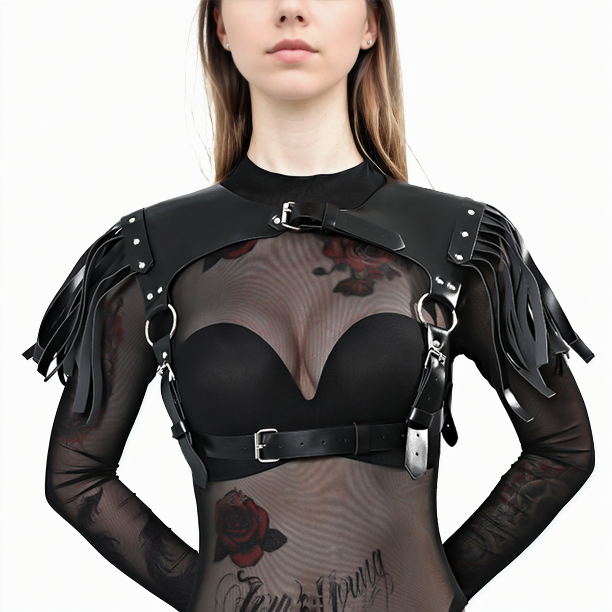 Black Long Fringe Shoulder Guard Strap-Suspender Belts-StylinArts