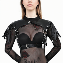 Black Long Fringe Leather Shoulder Guard Strap – Dramatic Statement Accessory