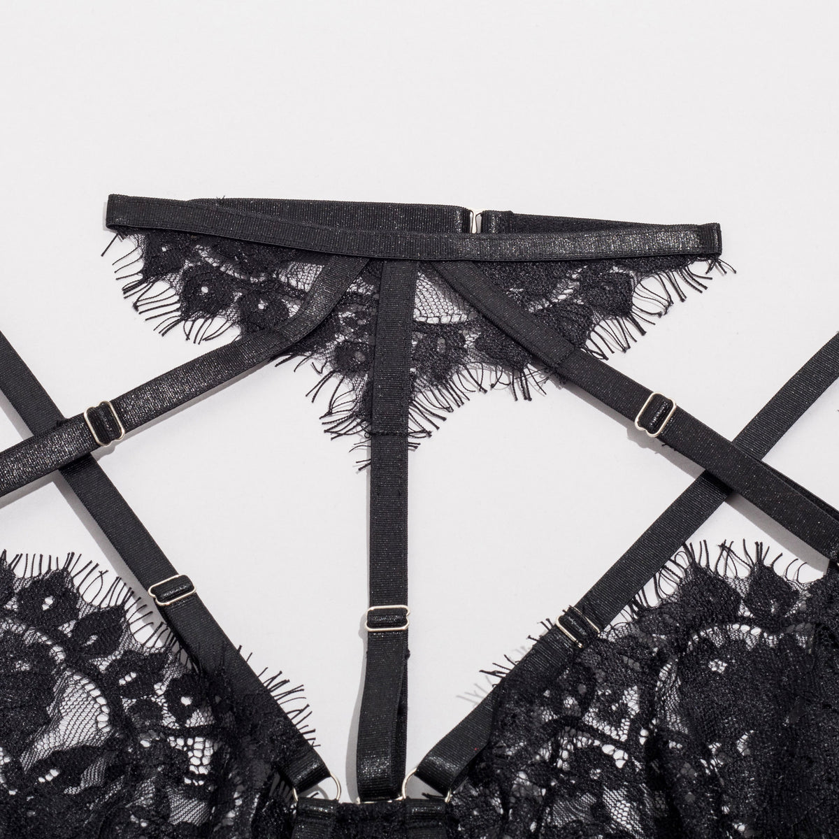 Black Isolde Strappy Lace Longline Set-Black-L-Basques-StylinArts