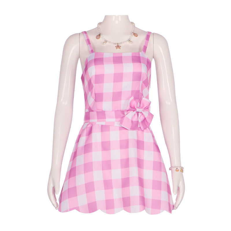 Dreamhouse Barbie Doll Costume – Pink Gingham Role-Play Dress with Bow-Intimate Roleplay Outfits-StylinArts