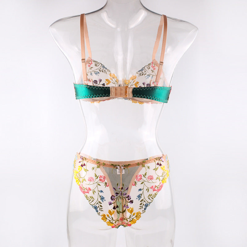 Vibrant Floral Embroidered Mesh Lingerie Set - StylinArts-Green-L-Bras and Briefs-StylinArts