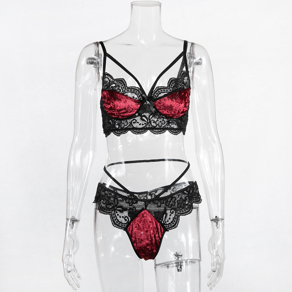 Veloura Velvet & Lace Strappy Lingerie Set-Wine Red-L-Bras and Briefs-StylinArts