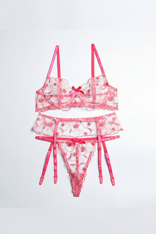 Rosavine Embroidered Mesh Lingerie Set-Rose Red-L-Basques-StylinArts