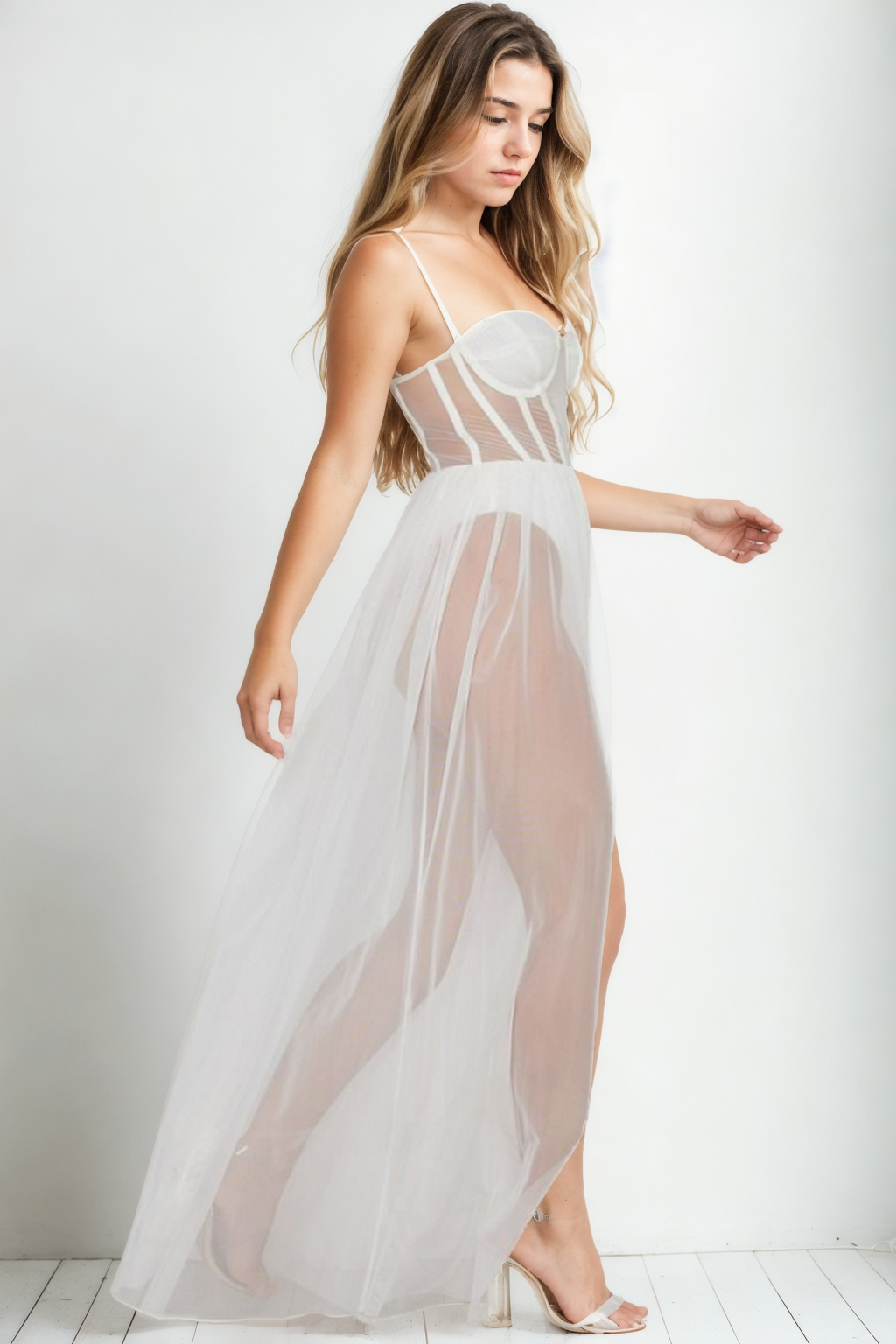 Celestial Whisper Corset Gown – Sheer White Mesh Floor-Length Babydoll with Boning Detail