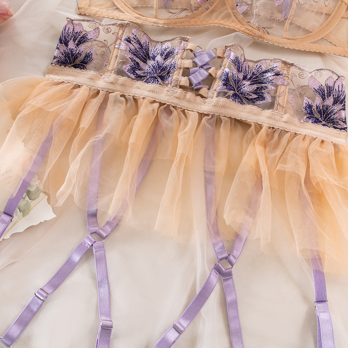 Aurivine Embroidered Mesh Harness Lingerie Set-Apricot-L-Basques-StylinArts