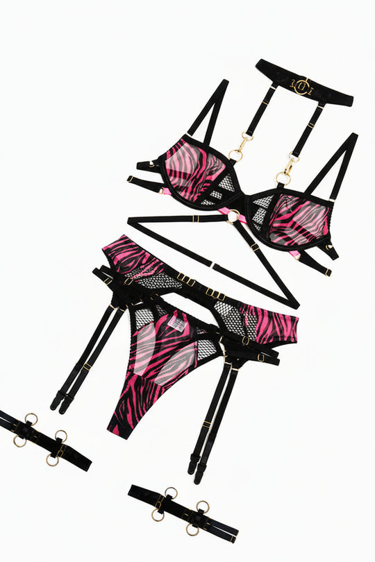 Zeraya Mesh-Panel Strappy Lingerie Set-Leopard-L-Basques-StylinArts