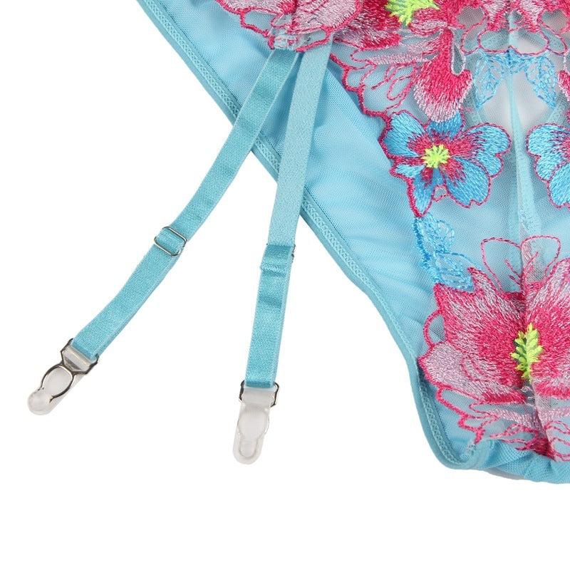 Paradise Bloom Embroidered Garter Set-Blue-3XL-Basques-StylinArts