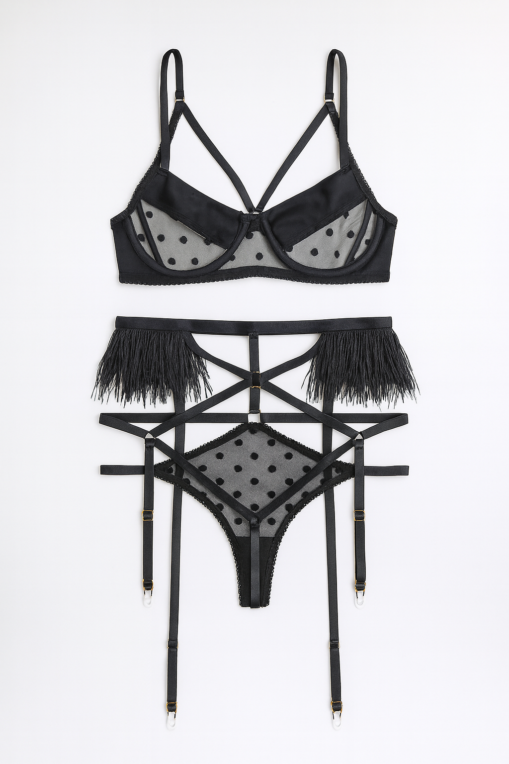 Veloura Dot Fringe Garter Set-Black-L-Basques-StylinArts