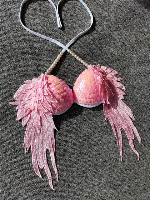 Handmade Sequined Mermaid Scale Lingerie.-Pink-L-Bras and Briefs-StylinArts