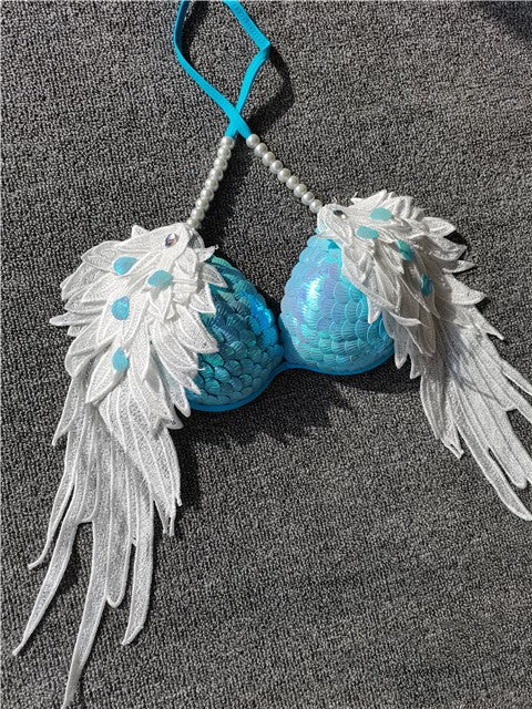 Handmade Sequined Mermaid Scale Lingerie.-Sky blue-L-Bras and Briefs-StylinArts