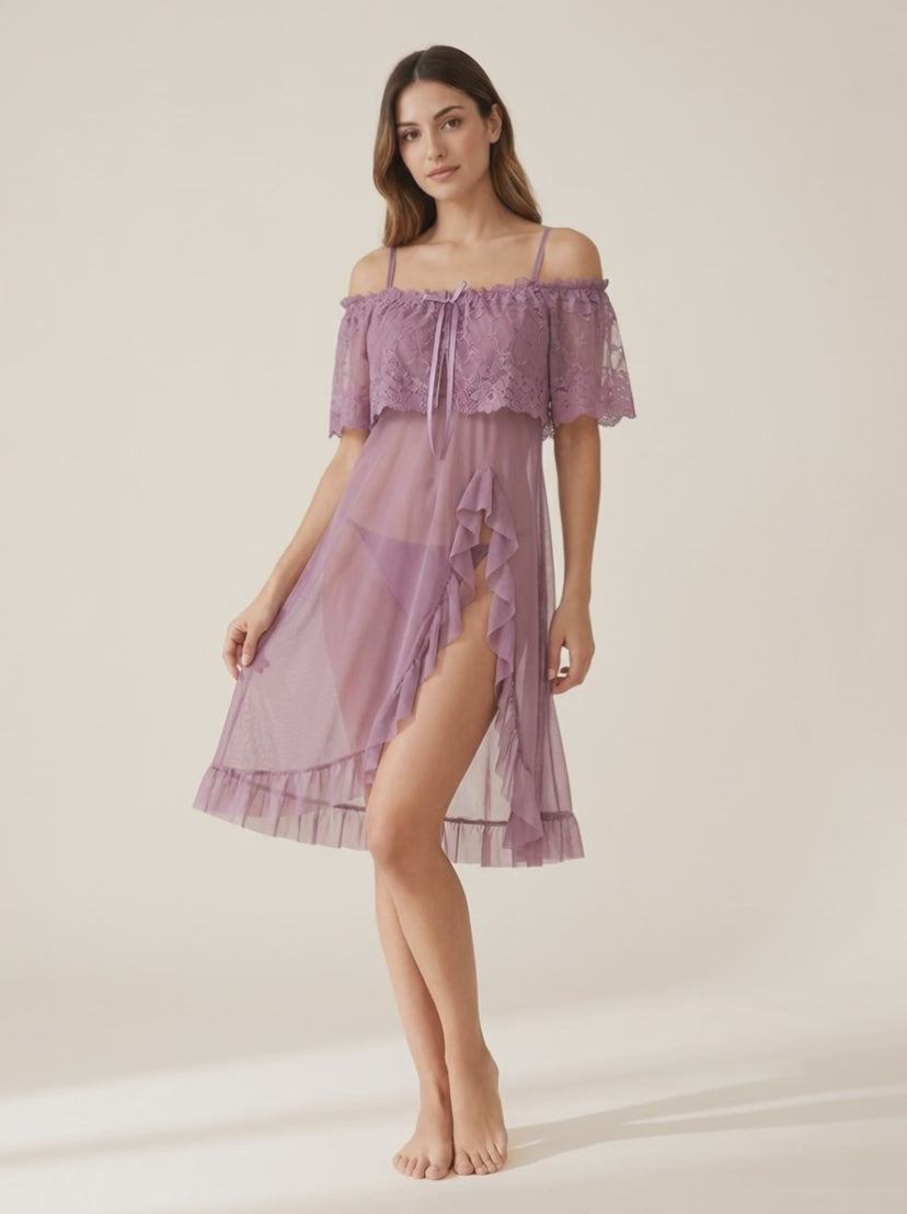 Velvet Bloom Lace Ruffle Nightdress Set