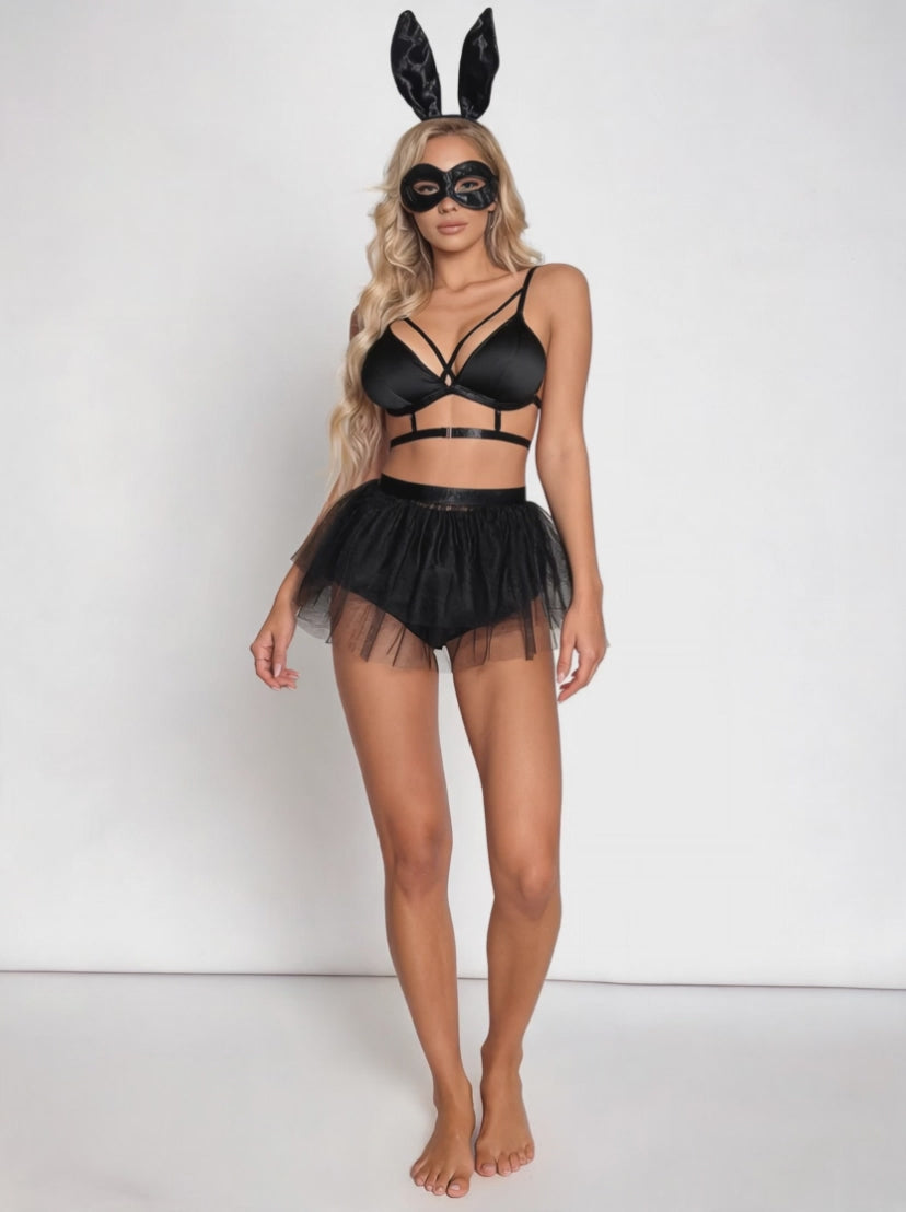 Strappy Bunny Tulle Set – Iridescent Pink or Noir Black with Bowtie & Ears