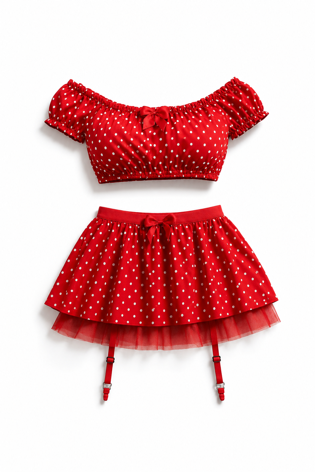 Polka‑Dot Ruffle Lingerie Set – flirty bralette & garter mini skirt set
