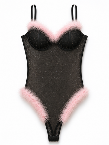 Black sheer mesh bodysuit with crystal embellishments, pink feather trim, sweetheart neckline, and adjustable straps.