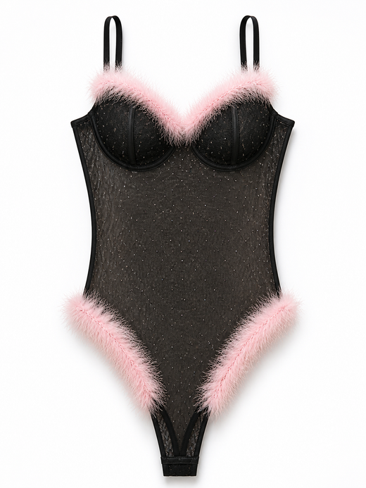 Black sheer mesh bodysuit with crystal embellishments, pink feather trim, sweetheart neckline, and adjustable straps.