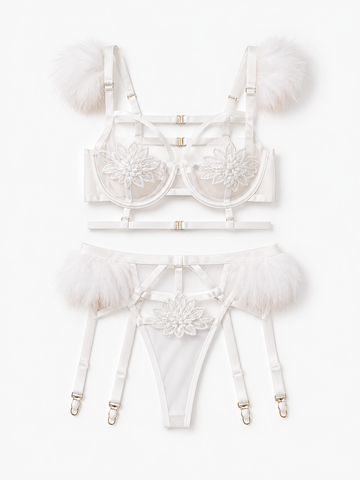 White Celestia Plume embroidered garter set with feather-trim bra, high-waist garter belt, and matching thong.